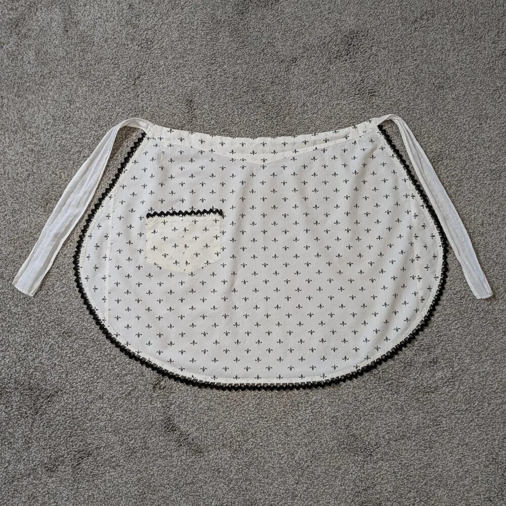 Handmade White/Black Kitchen Half Apron w Rick Rack Trim; Size XS - Small